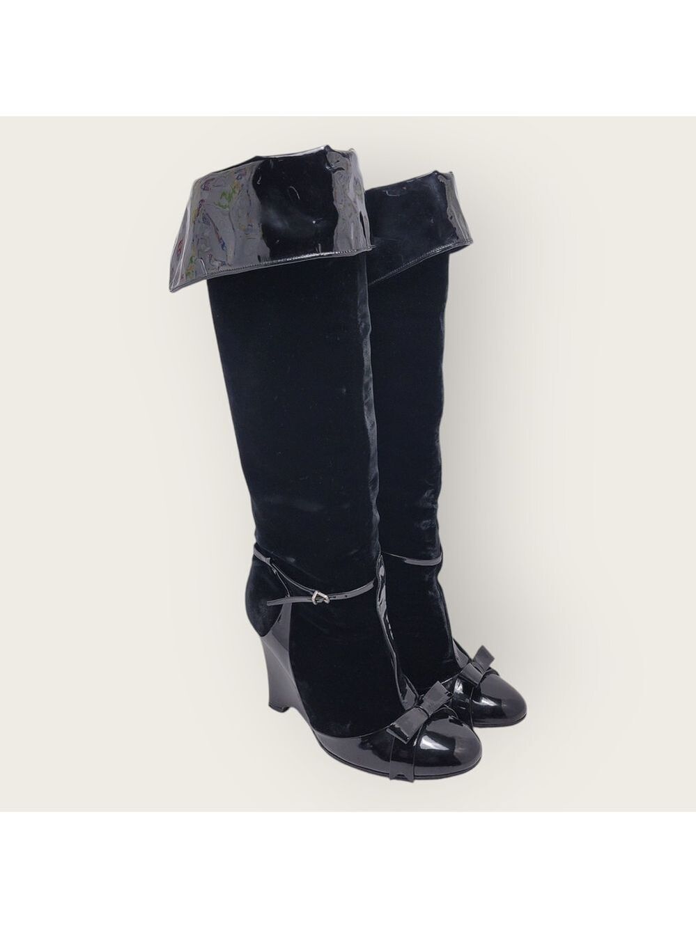 Laurence Dacade Velvet Patent Leather Bow Knee High Wedge Heels Boot Size 38